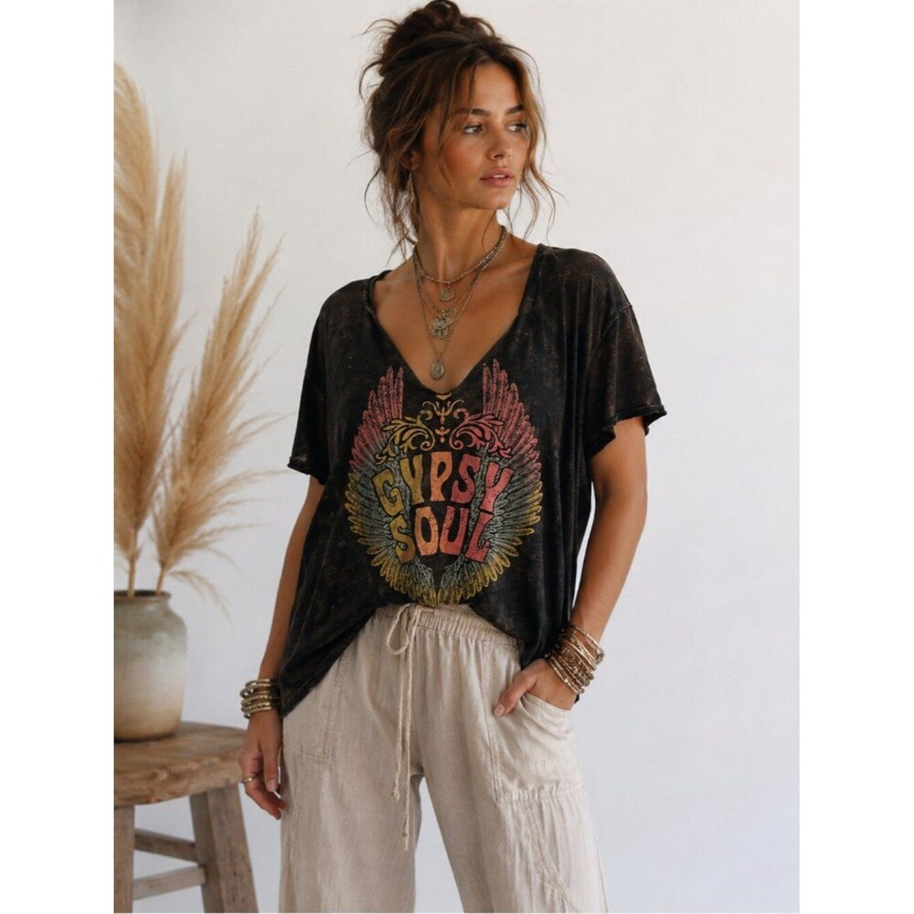 T Party Gypsy Soul Burnout Graphic Tee Black V-Neck Boho Festival Size Small